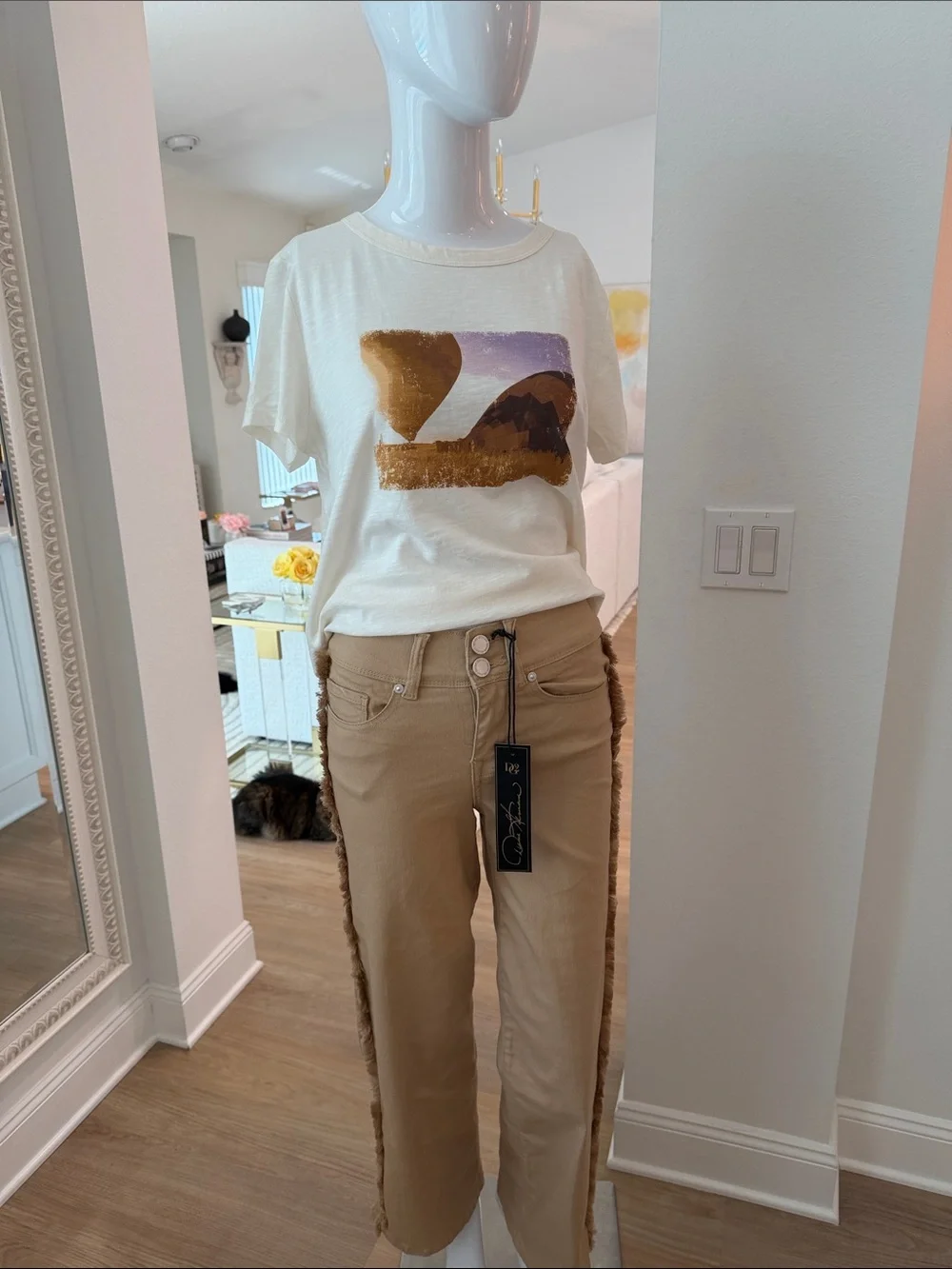 DG2  Tan Straight-Leg Jeans with Frayed Side Trim